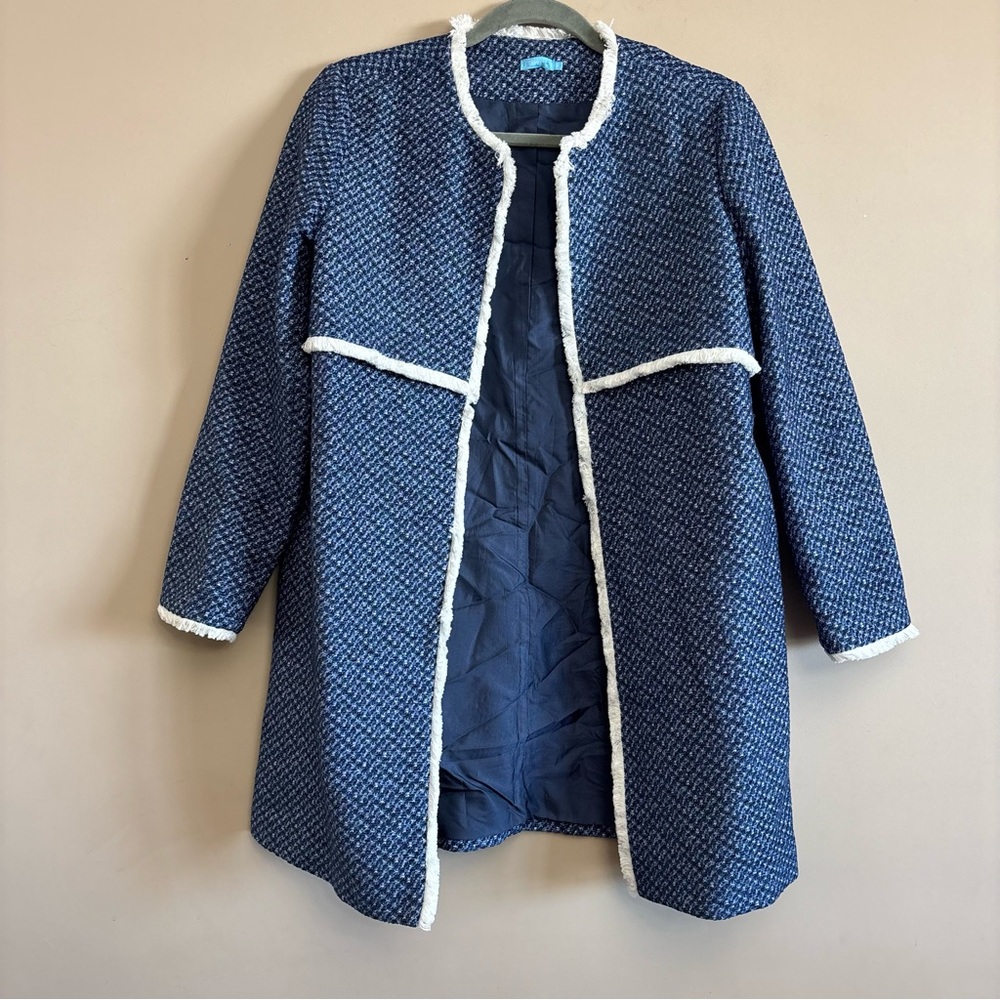 J. McLaughlin Blue tweed car Coat with White fringe Edging